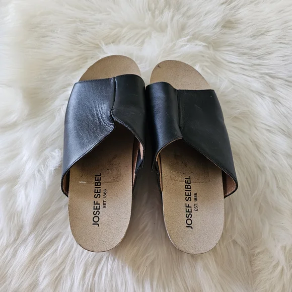 Josef Seibel Black Leather Slide Mule with Cork Wedge and White Outsole - Picture 5 of 12